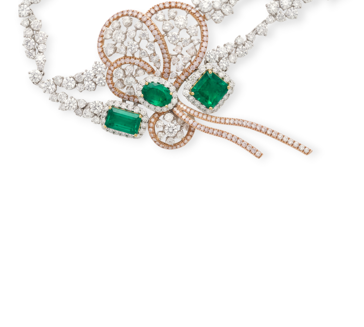 hofjewellery Farfallino Smeraldo 18K white and rose gold necklace with Colombian emeralds and brilliant diamonds.