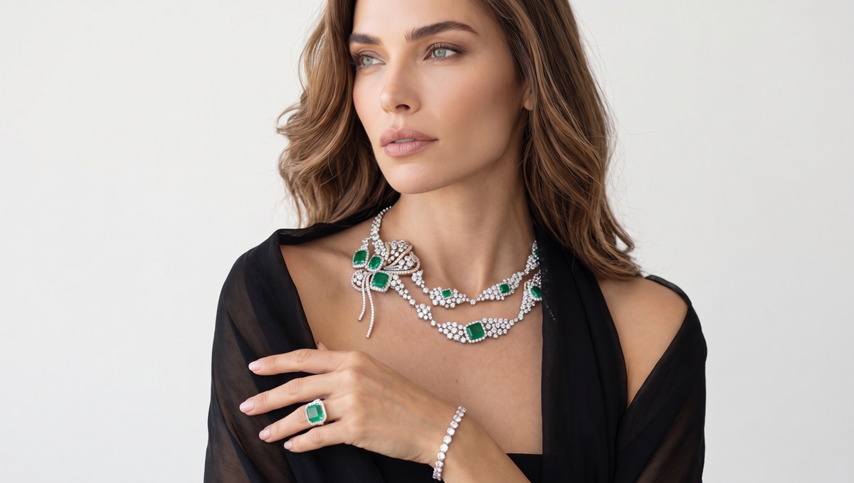 Model wearing hofjewellery Farfallino Smeraldo 18K white gold necklace with Colombian emeralds and brilliant diamonds.