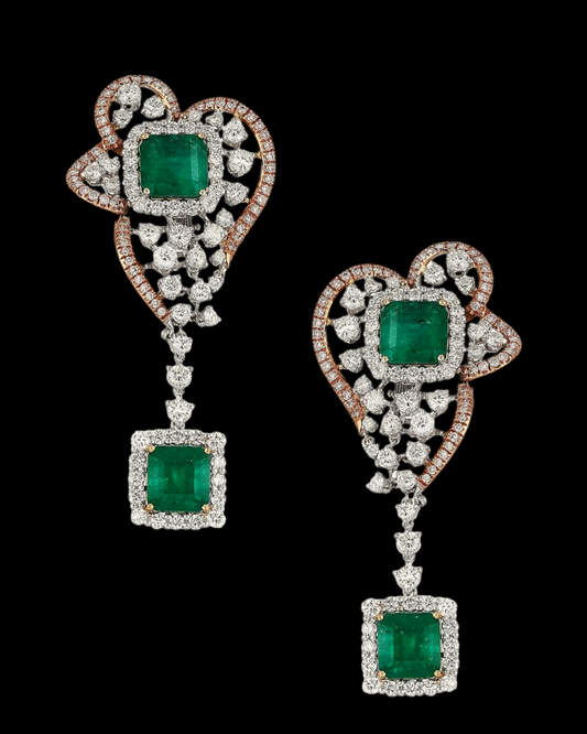 hofjewellery emerald and pink diamond drop earrings in 18K rose and white gold with brilliant cut white diamonds.