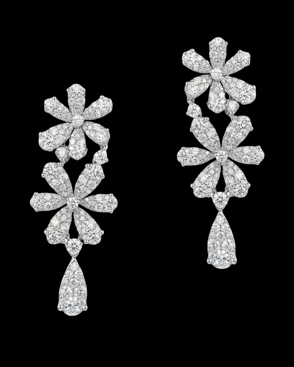 hofjewellery Flora 18k white gold floral drop earrings featuring 7.32-carat round brilliant natural diamonds.