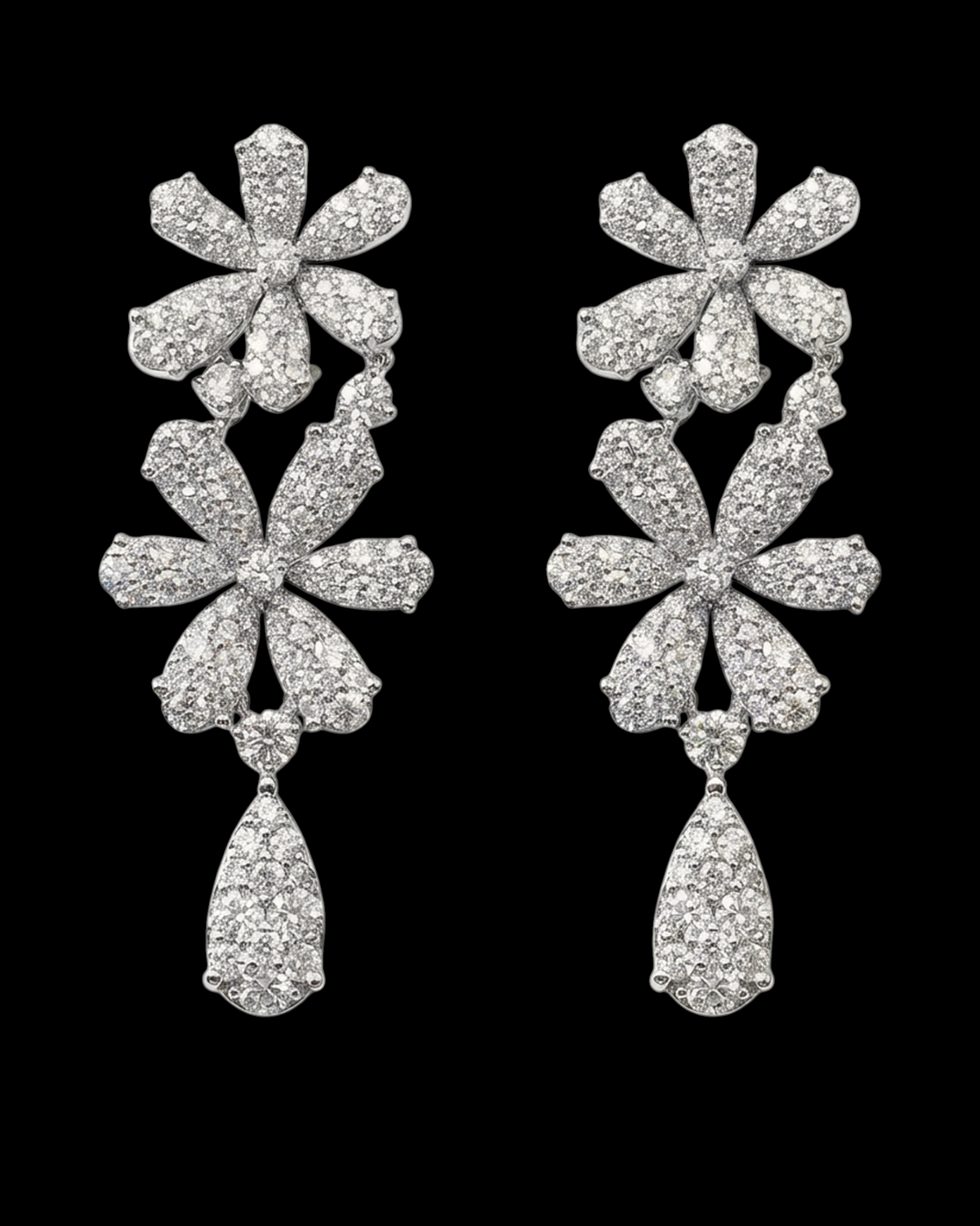 hofjewellery Flora 18k white gold floral drop earrings featuring 7.32-carat round brilliant natural diamonds.