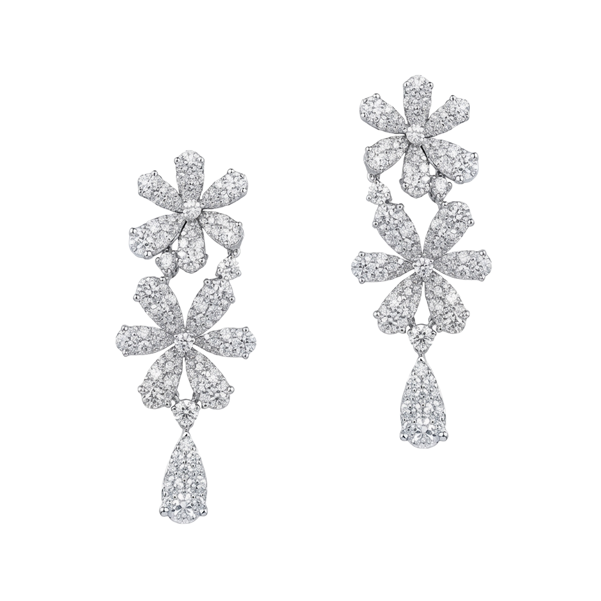 hofjewellery Flora 18k white gold floral drop earrings featuring 7.32-carat round brilliant natural diamonds.