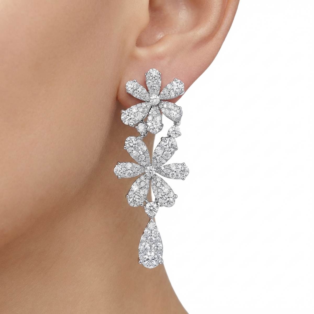 hofjewellery Flora 18k white gold floral drop earrings featuring 7.32-carat round brilliant natural diamonds