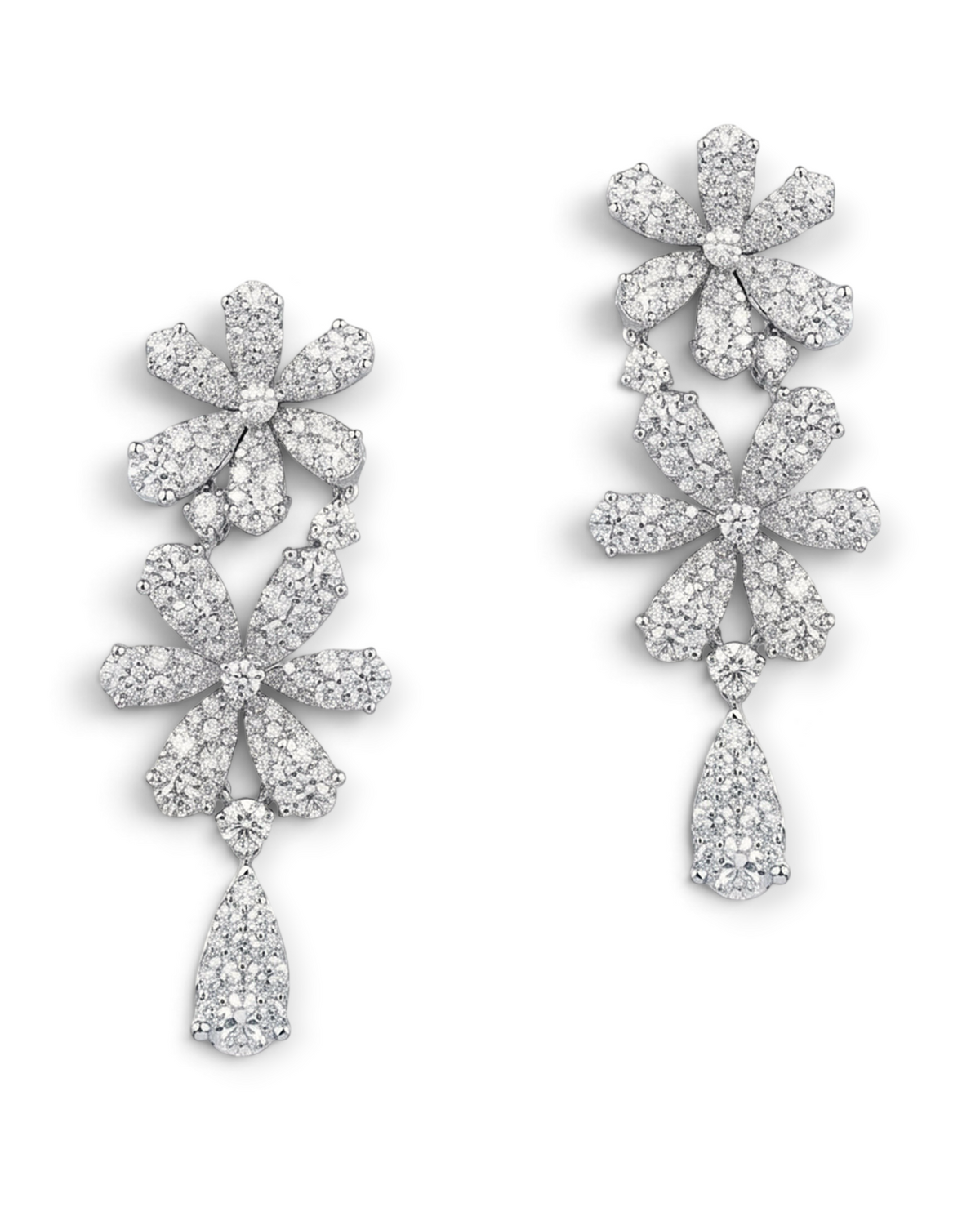 hofjewellery Flora 18k white gold floral drop earrings featuring 7.32-carat round brilliant natural diamonds.