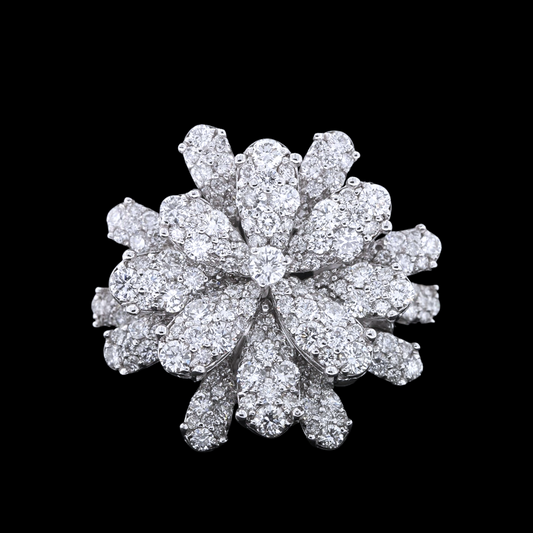 hofjewellery 18K white gold floral ring featuring 3.66ct round brilliant diamonds in a dimensional petal design.