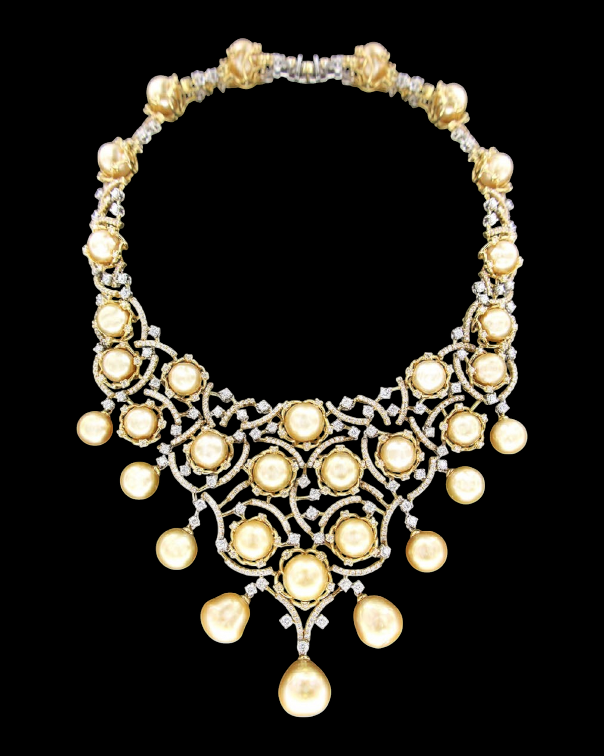 hofjewellery Luminous 18K yellow and white gold necklace featuring 33 golden South Sea pearls and 21.80ct diamonds.