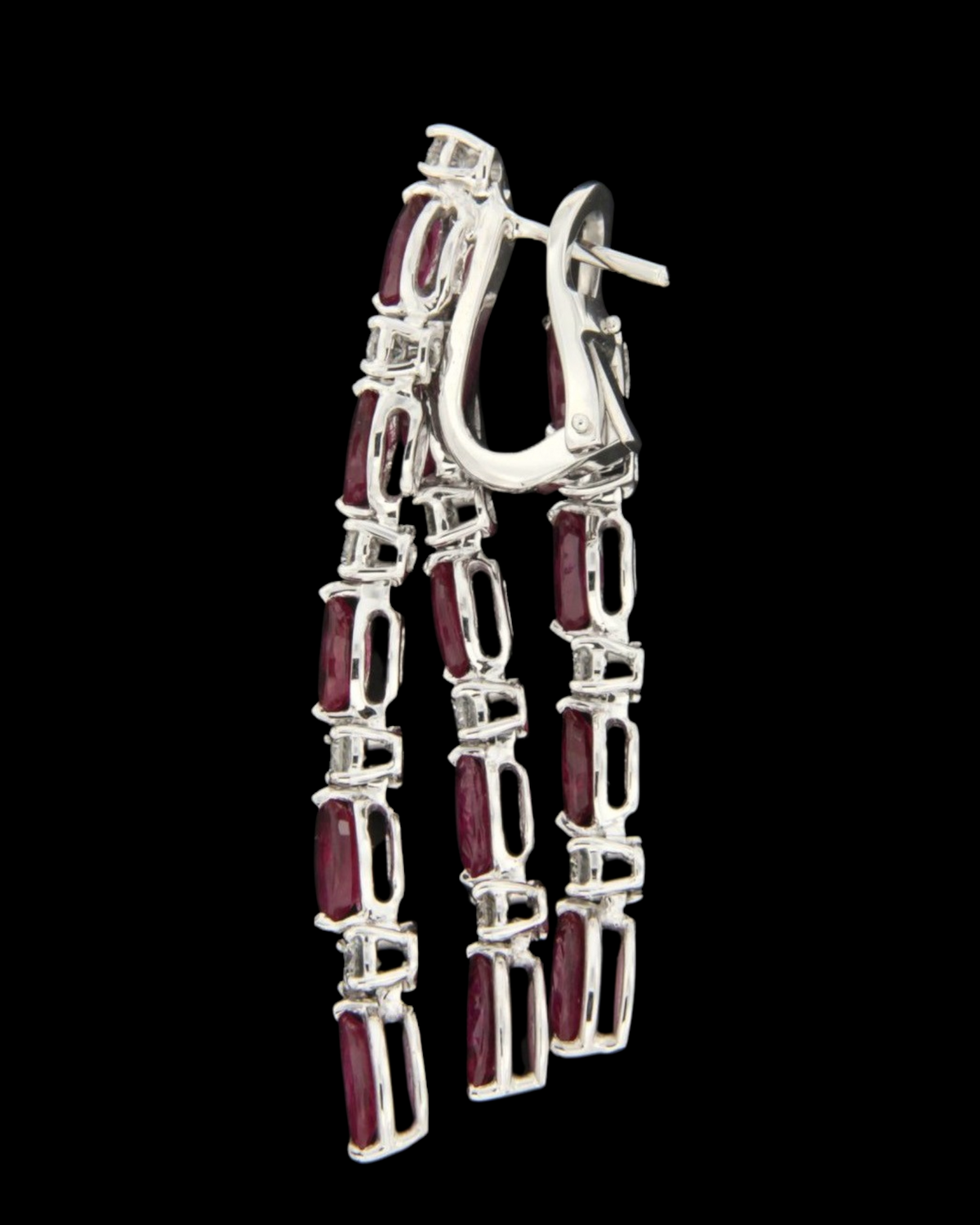 hofjewellery 18K white gold tassel earrings featuring marquise Burma rubies and round diamonds on black background