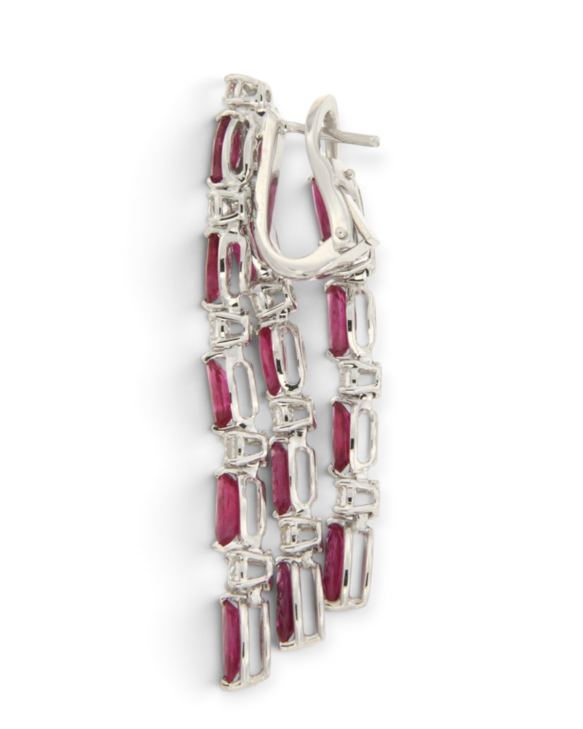 hofjewellery 18K white gold tassel earrings with marquise Burma rubies and round diamonds for formal wear.