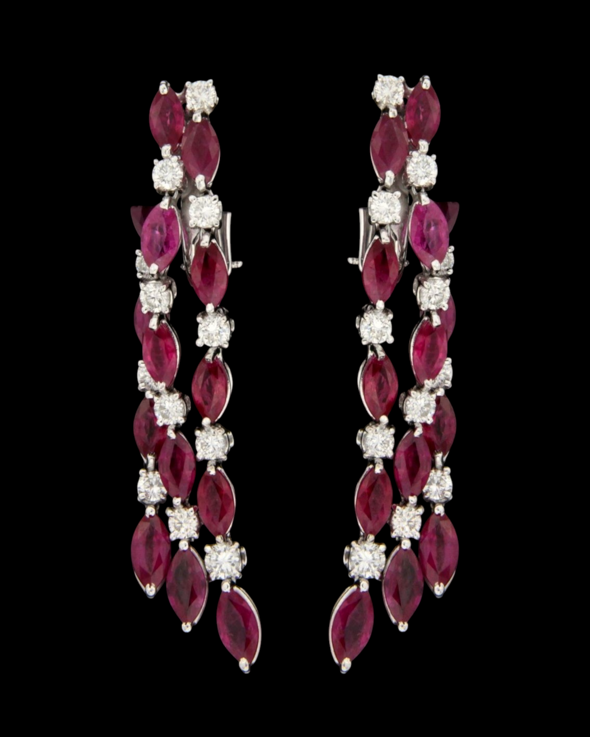 hofjewellery 18K white gold tassel earrings featuring marquise rubies and round diamonds on a black background.