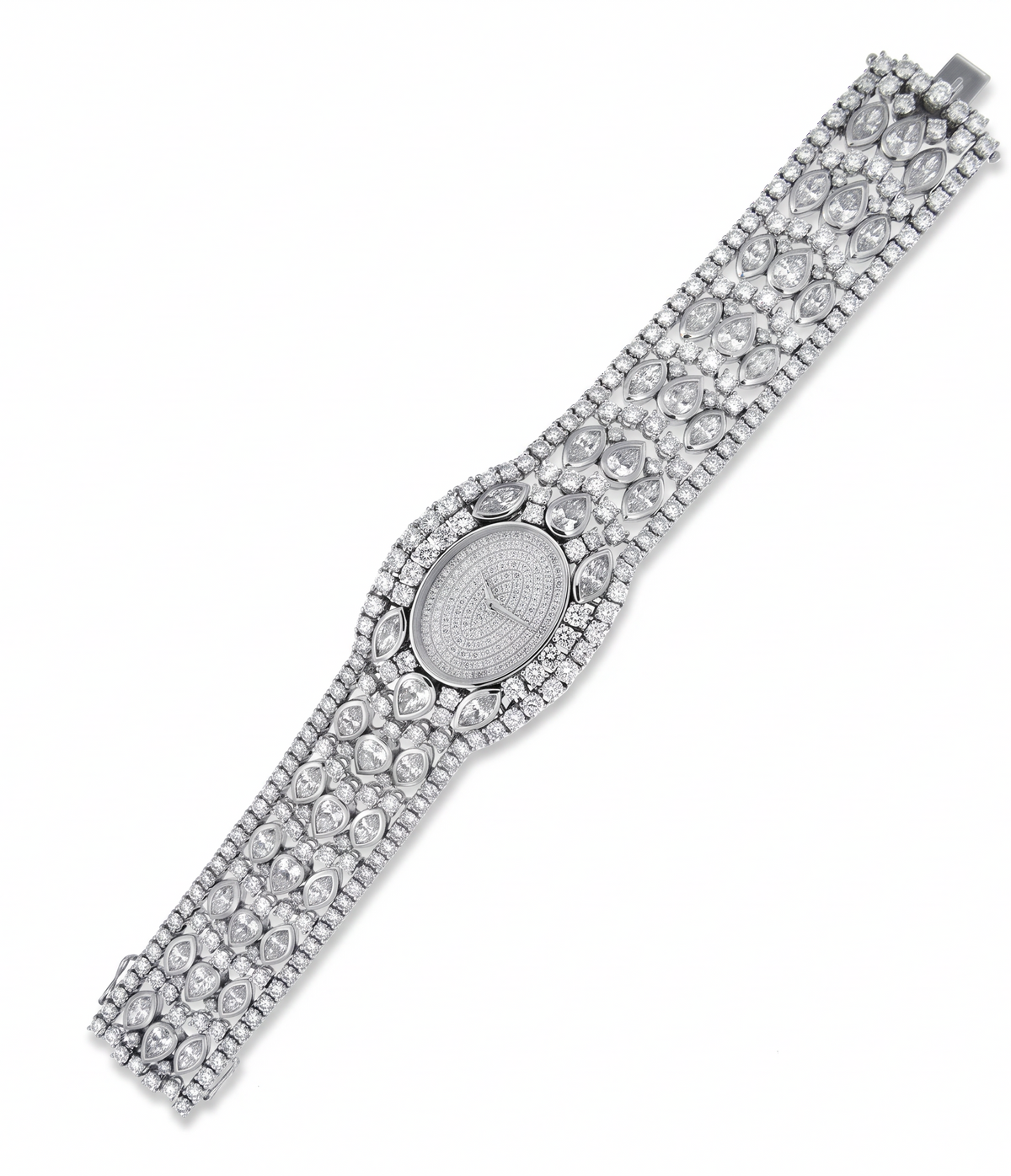 hofjewellery 18K white gold watch featuring 36.55ct of mixed-cut round, pear, and marquise diamonds.