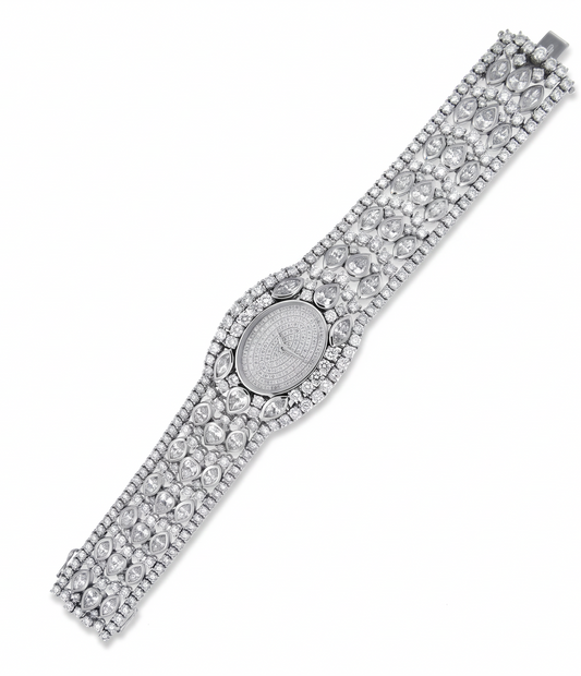 hofjewellery 18K white gold watch featuring 36.55ct of mixed-cut round, pear, and marquise diamonds.