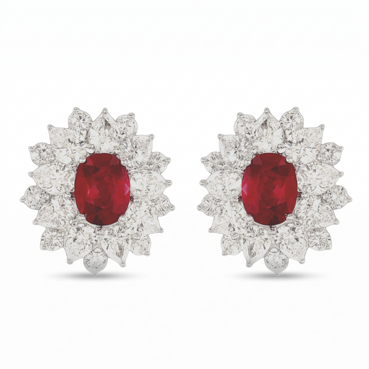 hofjewellery platinum earrings featuring oval Burmese pigeon blood rubies surrounded by round brilliant diamonds