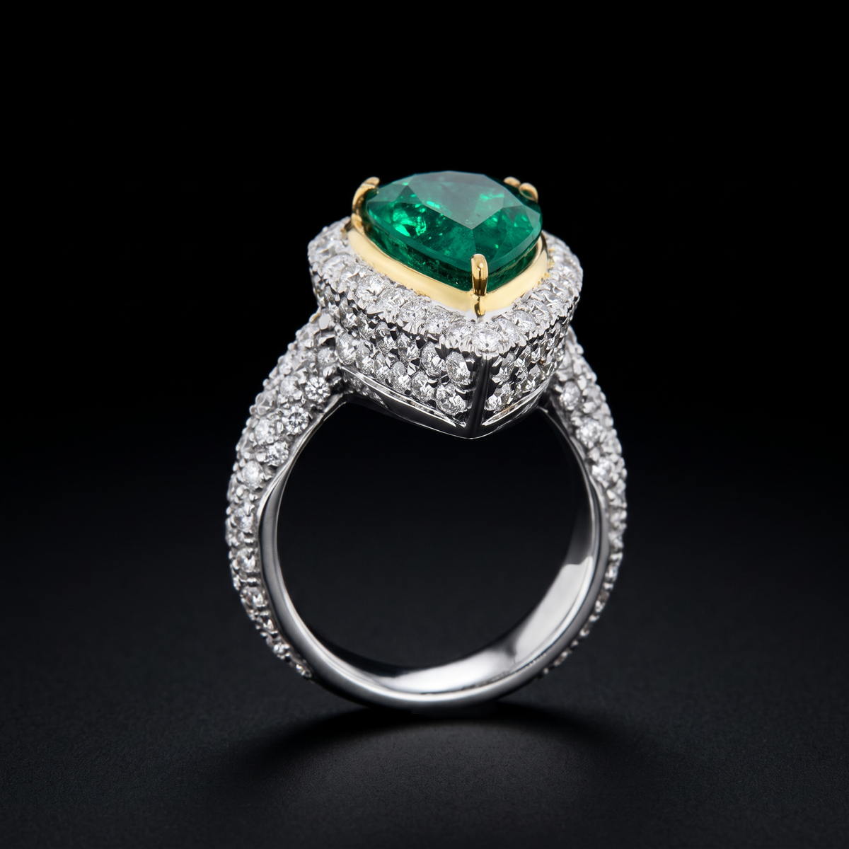 hofjewellery pear-shaped Colombian emerald ring with a diamond halo and pavé-set band in 18K white gold