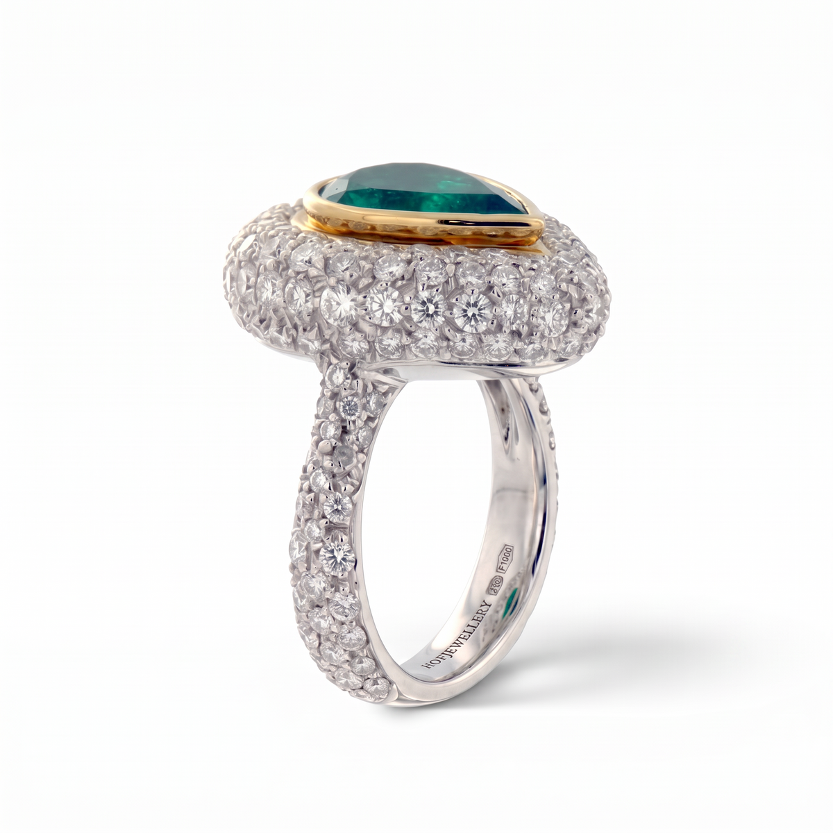 hofjewellery pear-shaped Colombian emerald ring with a diamond halo and pavé band in 18K white gold, side view