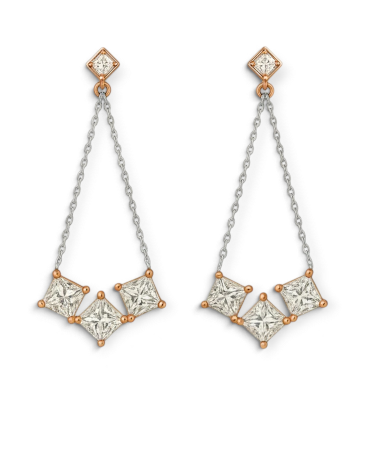 hofjewellery Princess the III earrings in 18K rose and white gold with princess-cut and round natural diamonds.