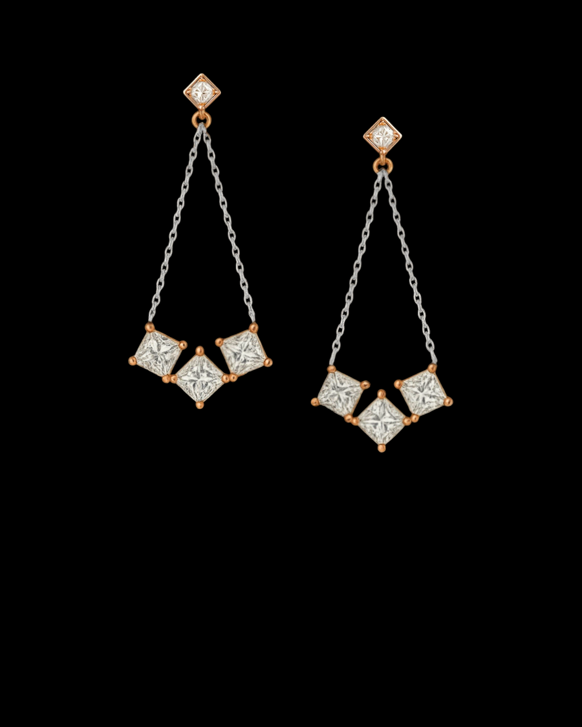 hofjewellery Princess the III earrings in 18K rose and white gold with princess-cut and round natural diamonds.