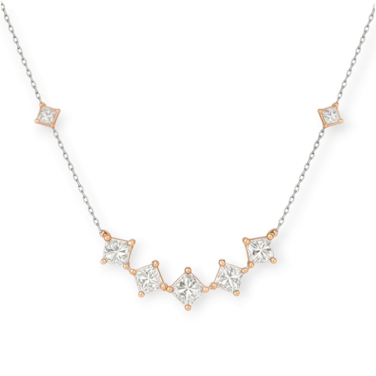 hofjewellery 18K rose and white gold necklace featuring 2.80ct princess cut diamonds in a delicate chain design.