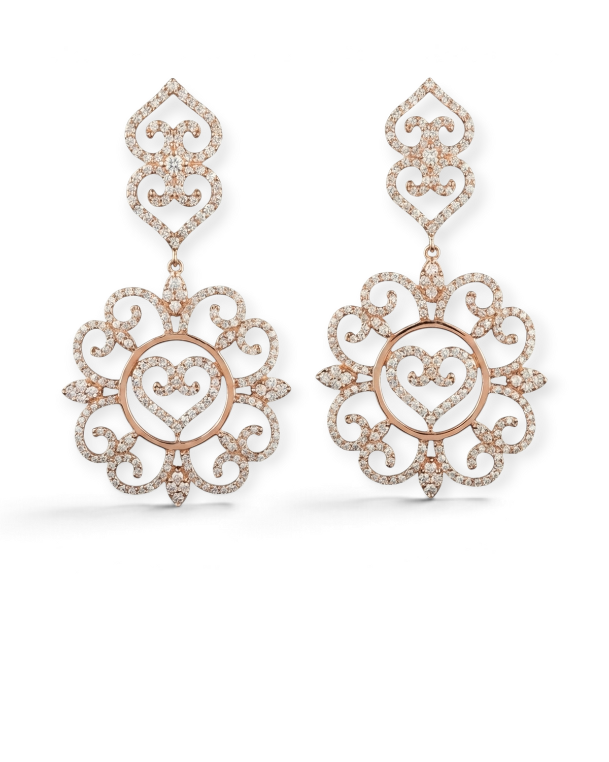 hofjewellery Heartfall Éclat 18K rose gold earrings with 3.00ct round diamonds in an intricate heart-shaped design.