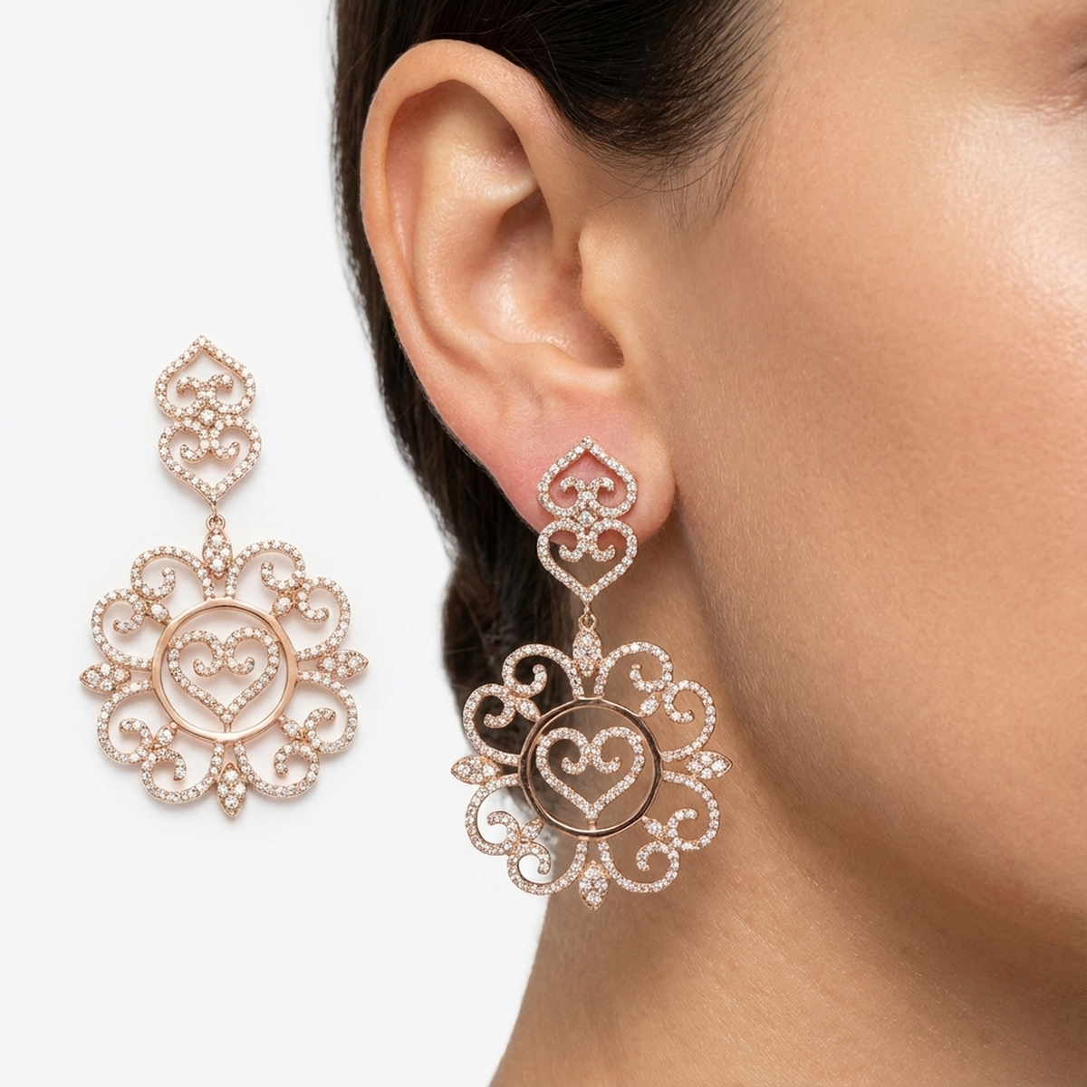 hofjewellery Heartfall Éclat 18K rose gold earrings with 3.00ct round diamonds in an intricate filigree heart design.