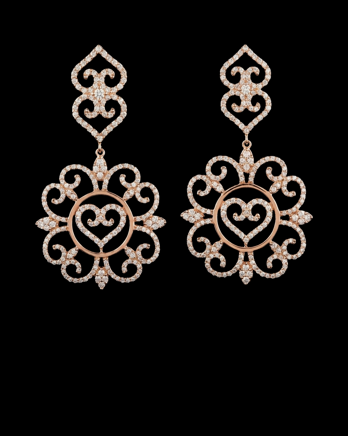 hofjewellery Heartfall Éclat 18K rose gold earrings with 3.00ct round diamonds in an intricate filigree heart design.