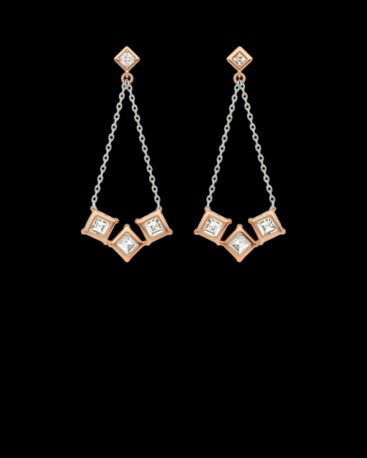 hofjewellery Princess the III earrings in 18K rose and white gold with princess-cut and round natural diamonds.