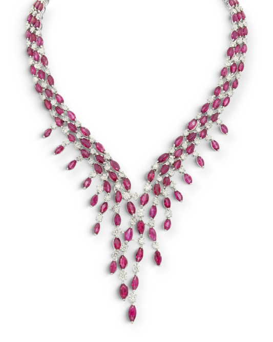 hofjewellery rivière rouge 18K white gold necklace with marquise Burma rubies and round diamonds in cascading design