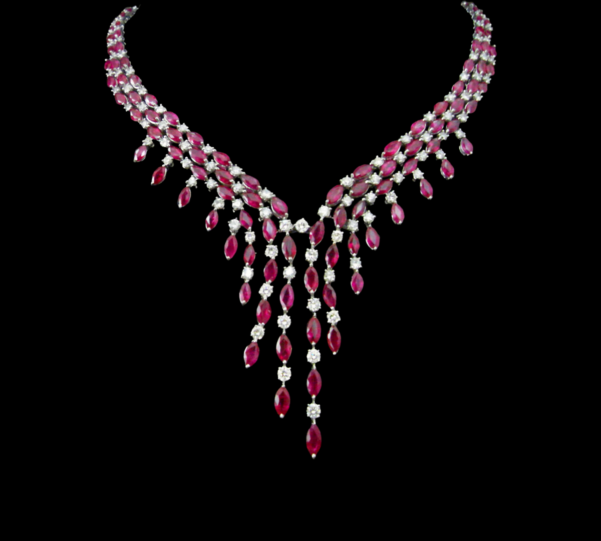 hofjewellery rivière rouge 18K white gold necklace with marquise Burma rubies and round diamonds in cascading design
