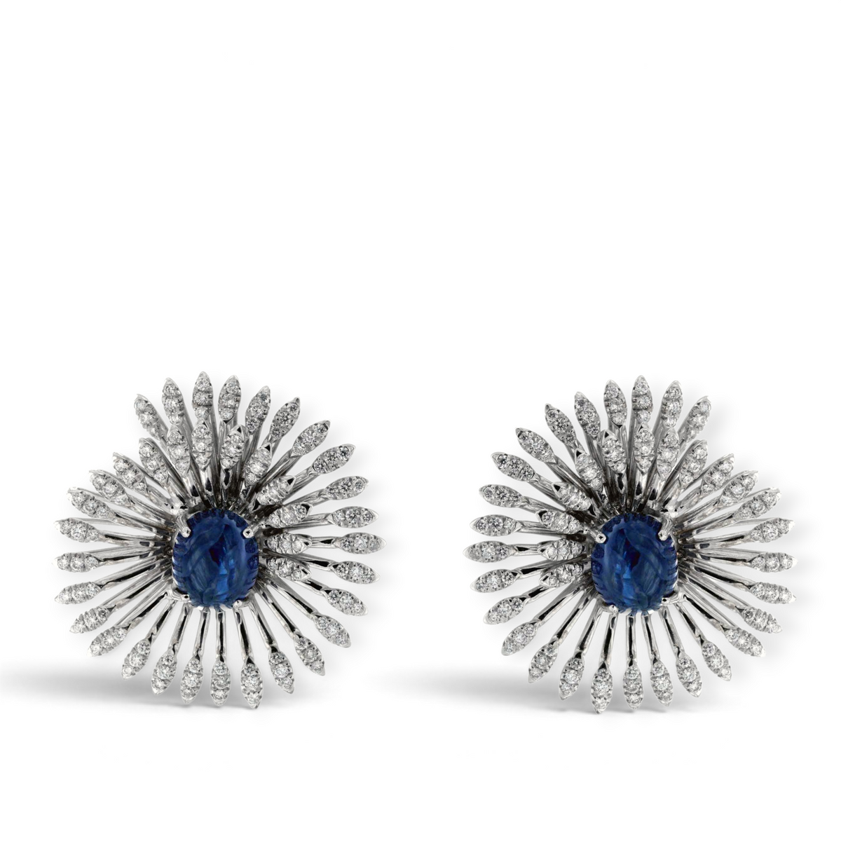 hofjewellery Vortici Luminosi earrings with cabochon sapphires and diamonds in 18K white gold swirl design