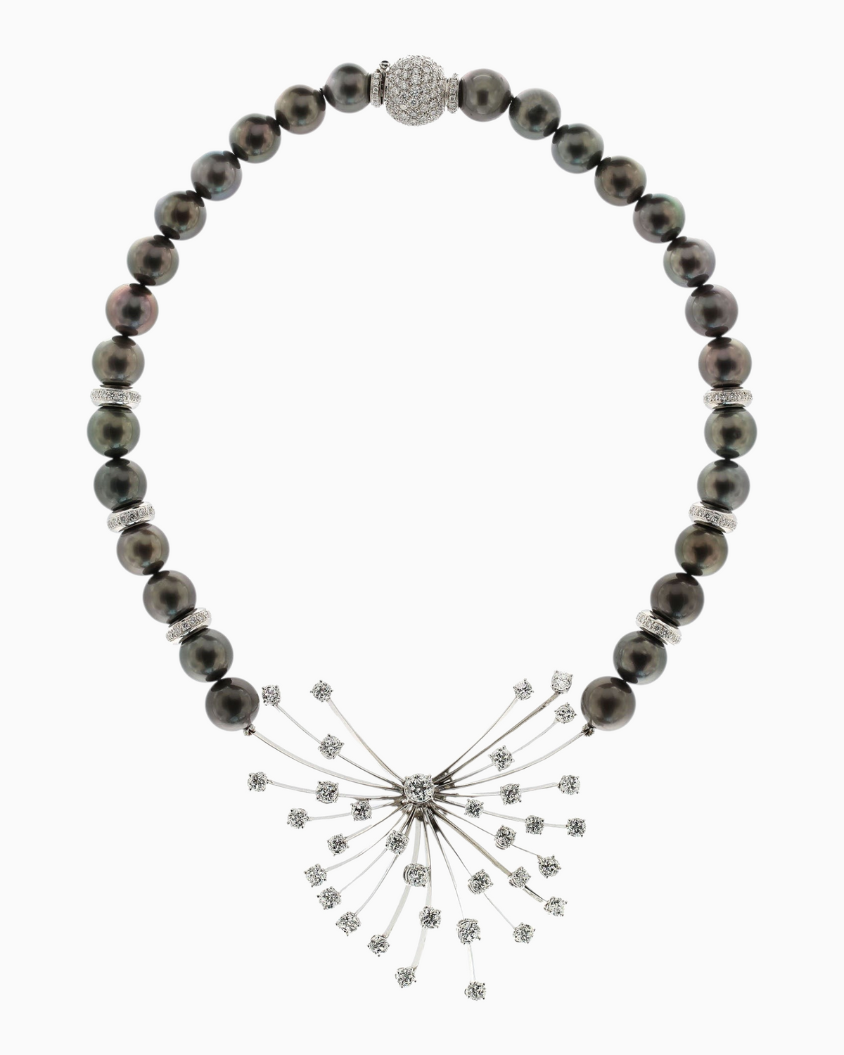 hofjewellery Scoppio 18K white gold necklace featuring Tahiti pearls and a diamond starburst pendant design.