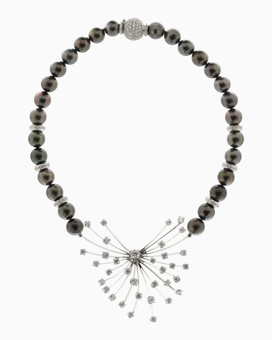 hofjewellery Scoppio 18K white gold necklace featuring Tahiti pearls and a diamond starburst pendant design.