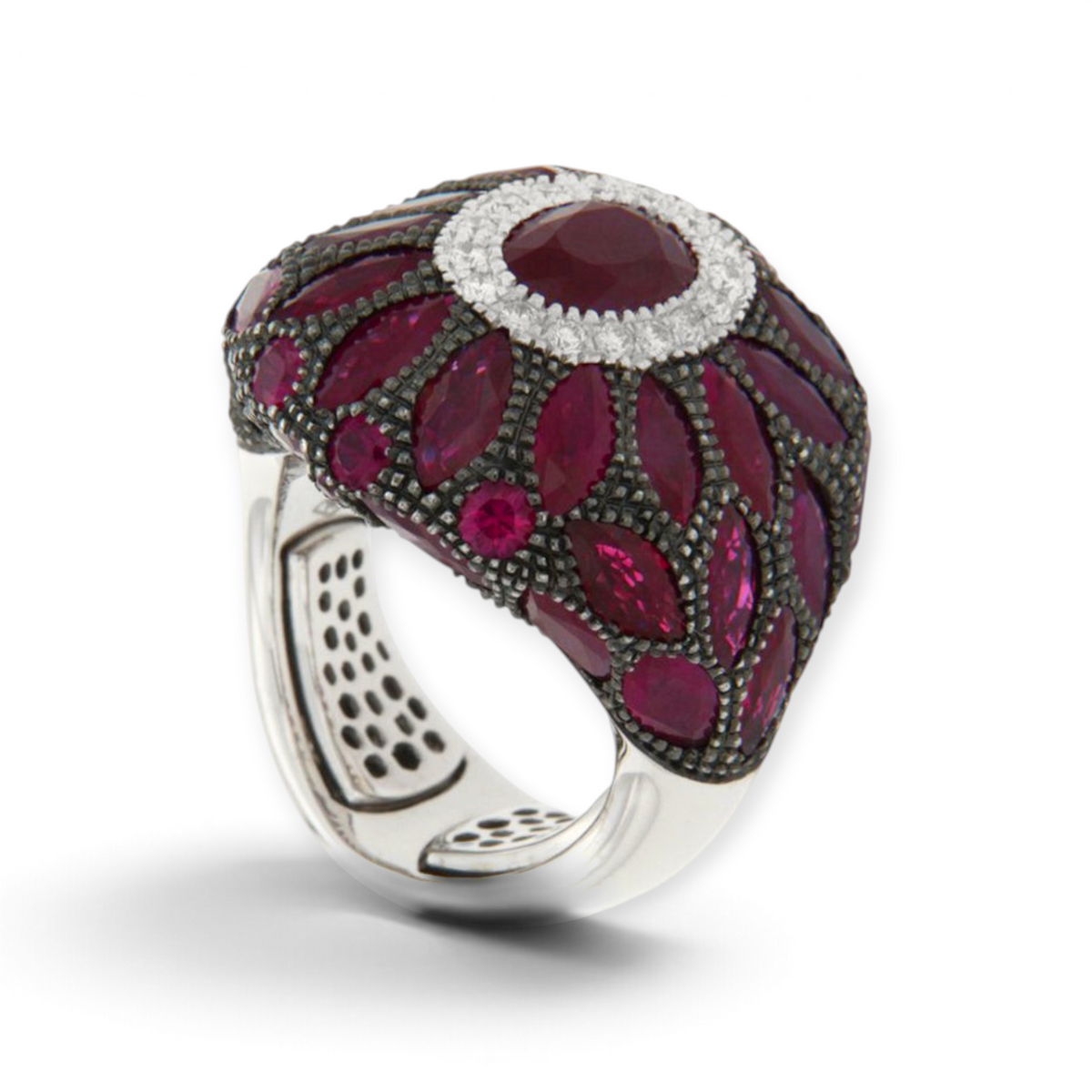 hofjewellery Vetus Novus cocktail ring in 18K white and black gold featuring a large oval ruby and marquise rubies.