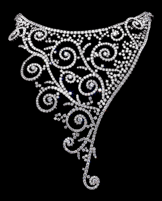 hofjewellery 18K white gold necklace featuring intricate scrollwork patterns set with 69.76ct round brilliant diamonds.