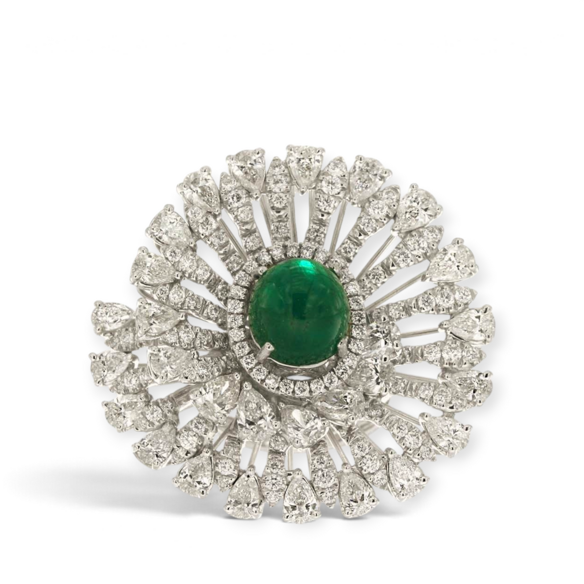 hofjewellery Vortici Luminosi Esmeralda ring in 18K white gold with a central cabochon emerald and diamond sunburst