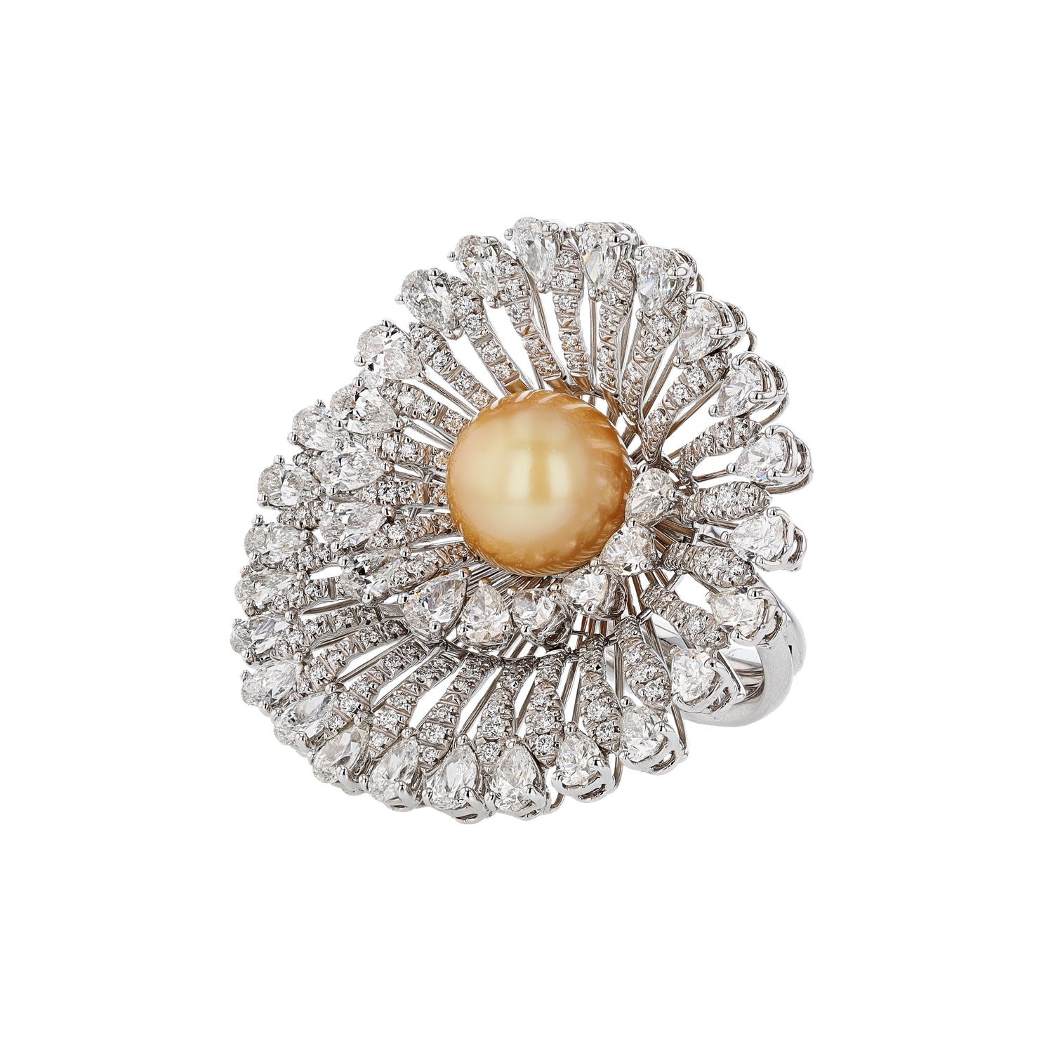An 18K White Gold Ring featuring a South Sea Golden Pearl, 4.59ct Pear-Shaped Diamonds, and 0.66ct Round Diamonds in a swirl vortex design.